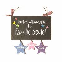 Schiefertürschild Familie mit Sternanhänger, Türschild Schiefer personalisiert mit Namen, Haustürschild, Schieferschild Bild 1