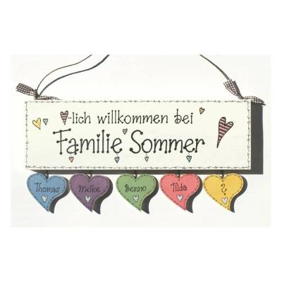 Willkommensschild aus Holz für Familien mit Namen personalisiert. Haustürschild, Holzschild, Namensschild handbemalt.