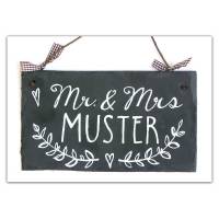 Türschild aus Schiefer Mr. & Mrs. mit Name personalisiert und Ranke mit Herz. Wetterfestes Schieferschild für Paare. Bild 1