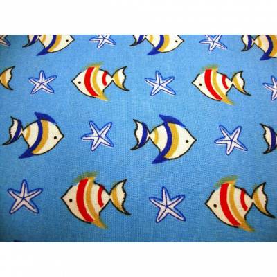 Baumwollstoffe Webware FISCHE beige, rot, marine Seesterne weiß, blau auf hellblau, 150cm Stoffbreite Meterware nähen