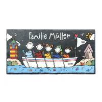 maritimes Türschild aus Schiefer Familie im Boot, Schieferschild personalisiert mit Name, Haustürschild, Familienschild