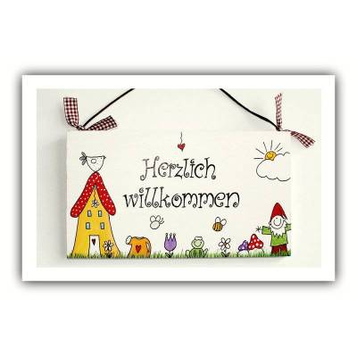 Willkommensschild aus Holz, personalisiertes Einzugsgeschenk für Freunde. Holzschild Herzlich willkommen.