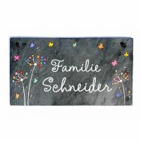 Türschild Schiefer Familie personalisiert, Schieferschild mit Pusteblumen, Haustürschild mit Name Bild 1