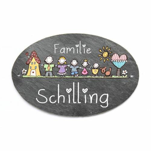 ovales Schiefertürschild Familie mit Name personalisiert, Türschild Schiefer mit Figuren, Haustürschild, Namensschild