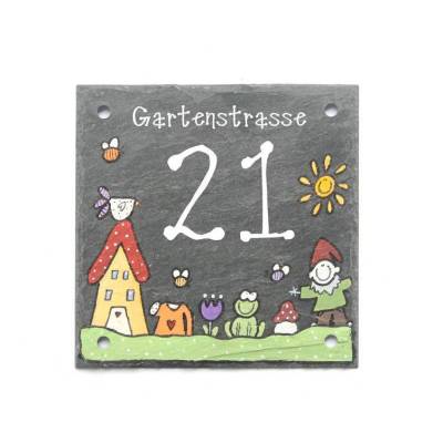 individuelle Hausnummer aus Schiefer mit Straßenname und Zahl personalisiert, wetterfestes Hausnummernschild handgemacht