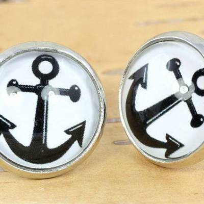 Ohrstecker, Anker, Cabochon, silberfarben, 12mm