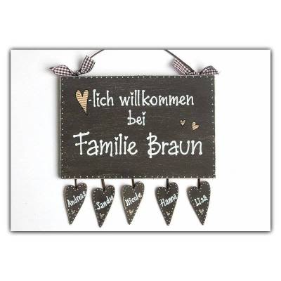 Holztürschild braun Herzlich Willkommen mit Herzanhänger individuell personalisiert, Namensschild Familie