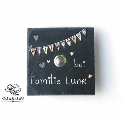 Klingelschild, Klingel, Türklingel, Klingelplatte, Haustürklingel Schiefer, Designerklingel handbemalt, personalisiert, wetterfest, Unikat, Schieferklingel individuell Wimpelkette