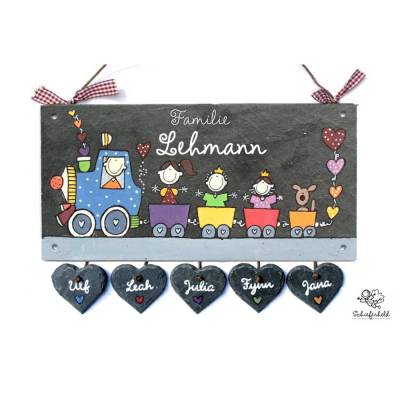 Türschild aus Schiefer mit Eisenbahn handbemalt, Schieferschild mit Zug / Lok / Waggons personalisiert mit Namen