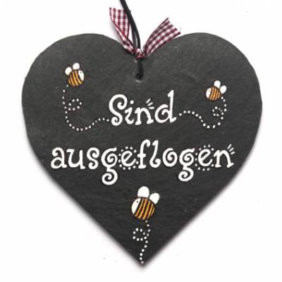handgemachtes Schieferherz Türschild mit Bemalung Biene und Text Sind ausgeflogen
