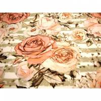 Baumwoll-Jerseystoff Digitaldruck große Rosen Blumen auf Streifen beige / grau / altrosa Meterware nähen Bild 1