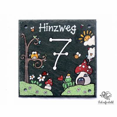 Hausnummer Schiefer mit Straßenname und Zahl personalisiert, buntes Hausnummernschild, edle Designerhausnummer