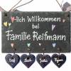 Willkommensschild aus Schiefer mit Herzanhänger, Schieferschild Familie mit Namen personalisiert, Namensschild Bild 2