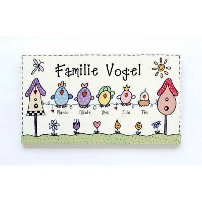 Türschild aus Holz für Familien personalisiert mit Namen und Vögel / Hühner. Holzschild, Haustürschild handbemalt.