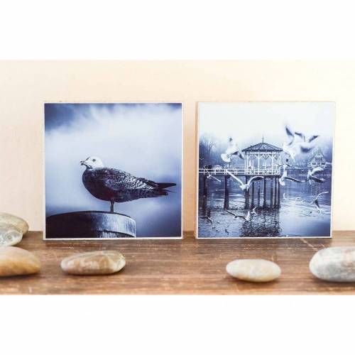 2er Set Möwe Holzpavillon Bewegung Fütterung maritim Meer, Foto auf Holz, im Quadrat, 13 x 13 cm handmade