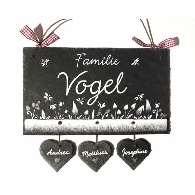 Türschild aus Schiefer mit Herzanhänger, Schieferschild Familie mit Namen personalisiert, Haustürschild, Namensschild