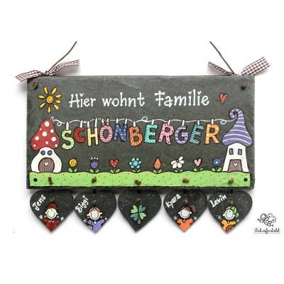 Schieferschild von Hand bemalt Motiv "Wäscheleine" Familientürschild  Herzanhänger  wetterfest