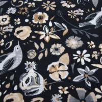 1,06m Restück Baumwolljersey Blumen Vögel auf schwarz creme Bild 1