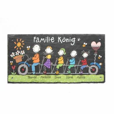 Türschild aus Schiefer für Familien mit Namen und Figuren auf Fahrrad personalisiert. Namensschild, Schieferschild.
