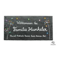Türschild Familie aus Schiefer mit Namen personalisiert, Schieferschild Pusteblumen, Familienschild, Schiefertürschild Bild 1