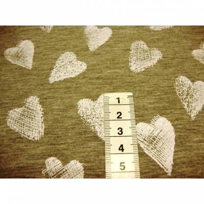Baumwolljersey HEARTS weiß auf grau-meliert – Meterware für Kleidung, Hoody & DIY