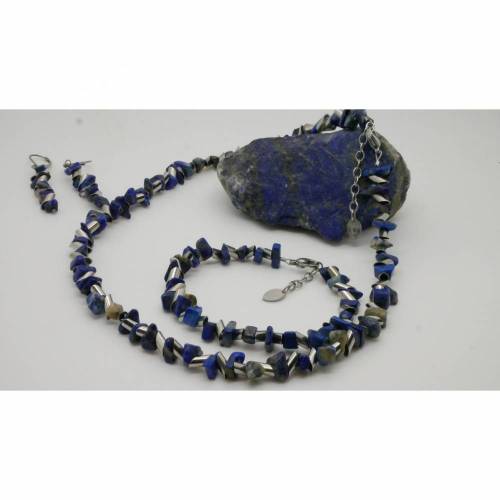 Set Lapislazuli & Edelstahl ,Mineralien im mordernen symetrischen Design, Armband ;Kette und Ohrhänger