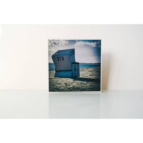 Sylt Strandkorb maritim Sand Urlaub Foto auf Holz, im Quadrat, 13 x 13 cm