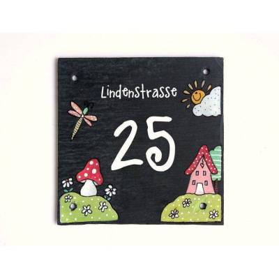 bunte Hausnummer Schiefer mit Straßenname und Zahl personalisiert, dekoratives Hausnummernschild, edles Einzugsgeschenk