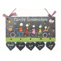 Türschild aus Schiefer für Familien personalisiert mit Namen und Figuren auf einem Fahrrad. Schieferschild handbemalt. Bild 1