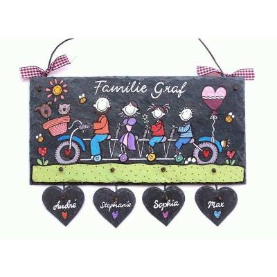 Wundervolles Haustürschild aus Schiefer für Familien mit Name personalisiert, Schieferschild mit Familie auf Fahrrad