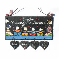 maritimes Schieferschild für die Familie mit Namen personalisiert, Haustürschild Figuren in Booten, Namensschild Bild 1