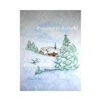 Winterromantik Aquarellbild handgemalte Landschaft 36 x 25 cm in Hochformat Bild 1