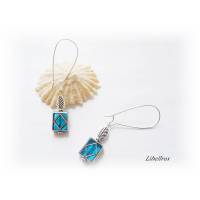 1 Paar Ohrhänger mit rechteckiger Glasperle u. Blatt - Ohrringe,Geschenk,verspielt,edel,hellblau,silberfarben Bild 1