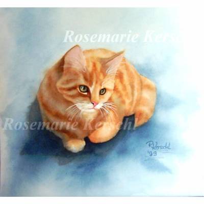 Rote Katze handgemaltes Aquarellbild, Tierporträt in blau, ocker, rotbraun, weiß mit grünen Augen 30 x 32 cm