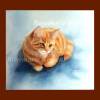 Rote Katze handgemaltes Aquarellbild, Tierporträt in blau, ocker, rotbraun, weiß mit grünen Augen 30 x 32 cm Bild 3
