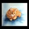 Rote Katze handgemaltes Aquarellbild, Tierporträt in blau, ocker, rotbraun, weiß mit grünen Augen 30 x 32 cm Bild 4