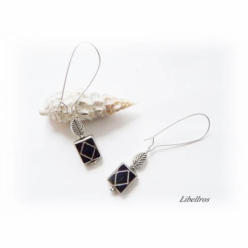 1 Paar Ohrhänger mit rechteckiger Glasperle u. Blatt - Ohrringe,edel,nostalgisch,antik aussehend,schwarz,silberfarben