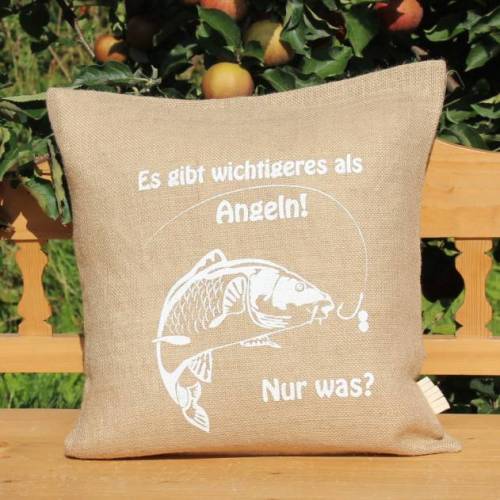 Jute-Kissen Fisch Angler Deko-Kissen mit Kokosknöpfe und Hotelverschluß Rupfenkissen  