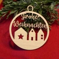 Frohe Weihnachten mit Häusern - Geschenkanhänger/Christbaumanhänger aus Holz
