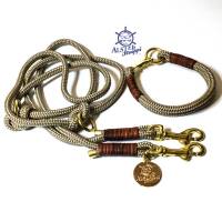 Leine Halsband Set beige, braunes Leder für kleine Hunde mit 6 mm Tau Bild 1