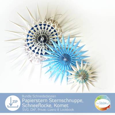 Großes Plotterdateien-Paket mit den drei Papiersternen Sternschnuppe, Schneeflocke, Komet, Digitale Datei svg dxf