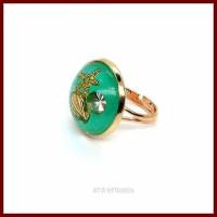 Ring "Undine gold" Cabochon mit Muschel, Strass und Seestern, grün/gold,, rose vergoldet, verstellbar (offen) Bild 1