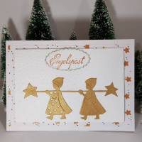 goldene Engel bringen Weihnachts-Sterne handgefertigte Weihnachtskarte mit Grüßen Bild 1