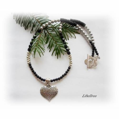 Mittellange Kette mit Metallanhänger Herz, Halskette - modern,trendy,schwarz,silberfarben
