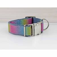 Hundehalsband mit Streifen, Regenbogen, bunt, Glitzer, rosa, grün, hellblau, Hund, modern, Gurtband, Halsband Bild 1
