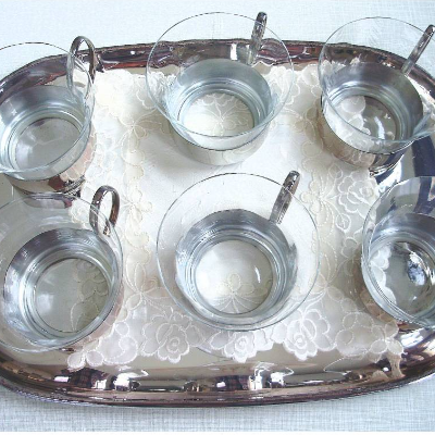 Vintage Teeservice 6 Teegläser mit Tablett Metall versilbert Jena Glas aus den 70er Jahren