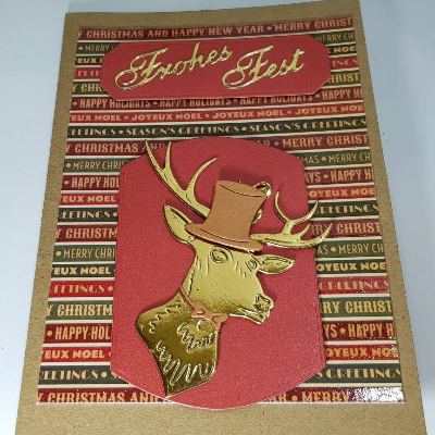 Modern frech flotter Hirsch Weihnachts-Karte gold mit Zylinder modern handgefertigt