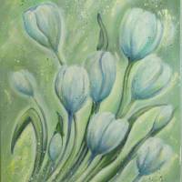 GLITZERNDE WEISSE TULPEN - Leinwandbild 50cm x 70cm,  mit irisierendem Glitter - gemalte Tulpen in Acryl Bild 1