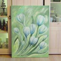 GLITZERNDE WEISSE TULPEN - Leinwandbild 50cm x 70cm,  mit irisierendem Glitter - gemalte Tulpen in Acryl Bild 2