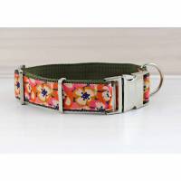 Hundehalsband mit Blumen, oliv, orange, rosa, Hawaii, Hund, modern, Gurtband, Halsband, Hundeleine, floral, geblümt Bild 1